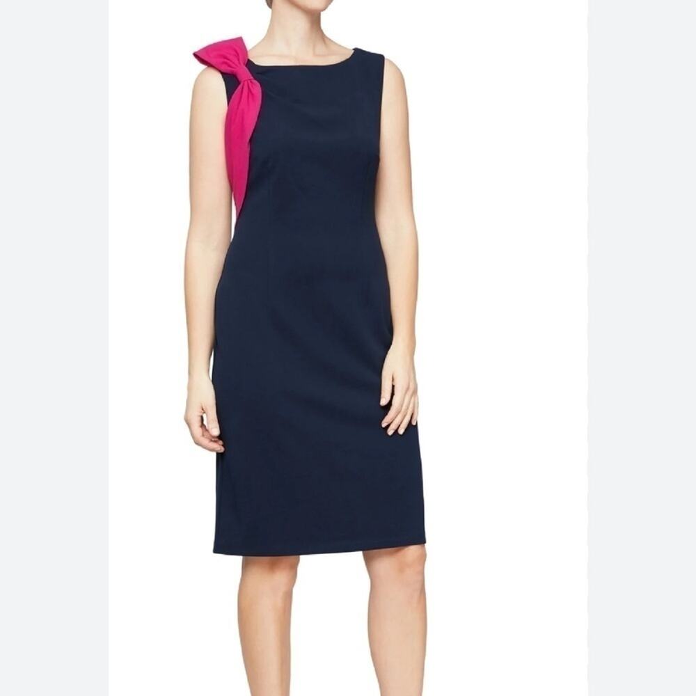 NWT SL Fashions Bow Detail Navy Sheath Dress Women’s 8